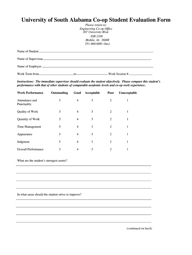 University of South Alabama Co Op Student Evaluation Form  Southalabama