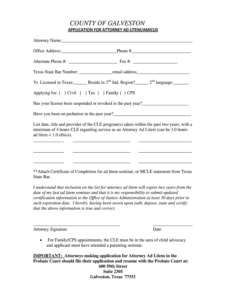 Application for Attorney Ad Litem  Galveston County  Co Galveston Tx  Form