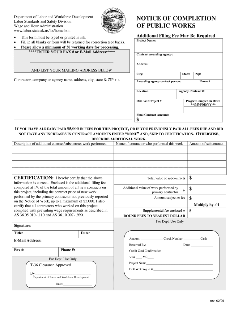 Get and Sign Notice of Completion State of Ak 2009-2022 Form