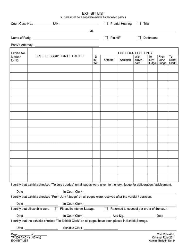 Exhibit Forms for Court