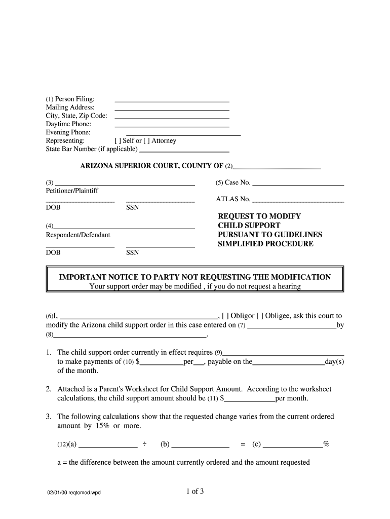 Request to Modify Child Support  Arizona Judicial Department  Supreme State Az  Form