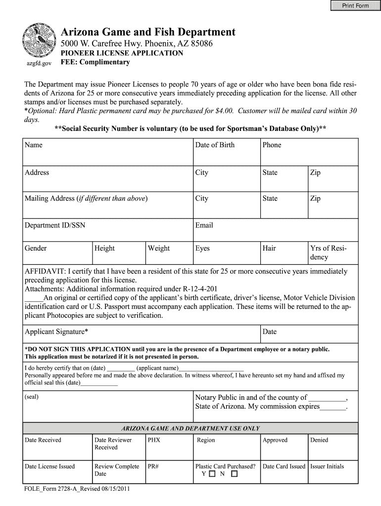 Arizona Pioneer Fishing License  Form