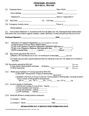 Personnel Records Checklist Arizona Department of Health Services Azdhs  Form