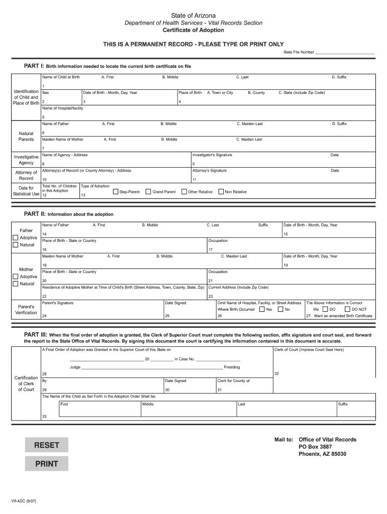  Certificate of Adoption Arizona Department of Health Services Azdhs 2015