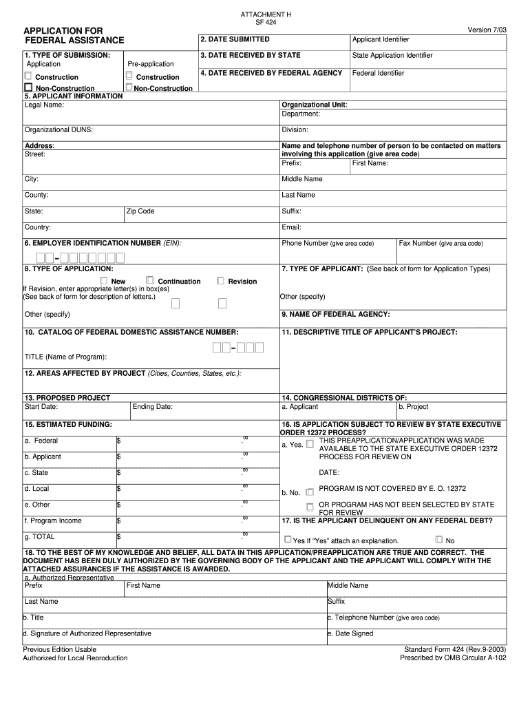  Application for Federal Assistance Form 424 Rev 2003