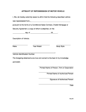 Affidavit of Repossession Arkansas  Form