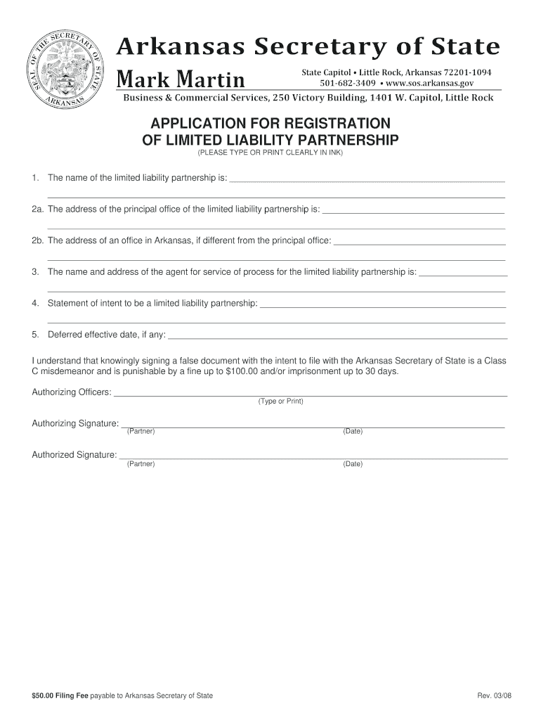 Get and Sign Appl for Reg of LLP  Arkansas Secretary of State  Sos Arkansas 2008-2022 Form