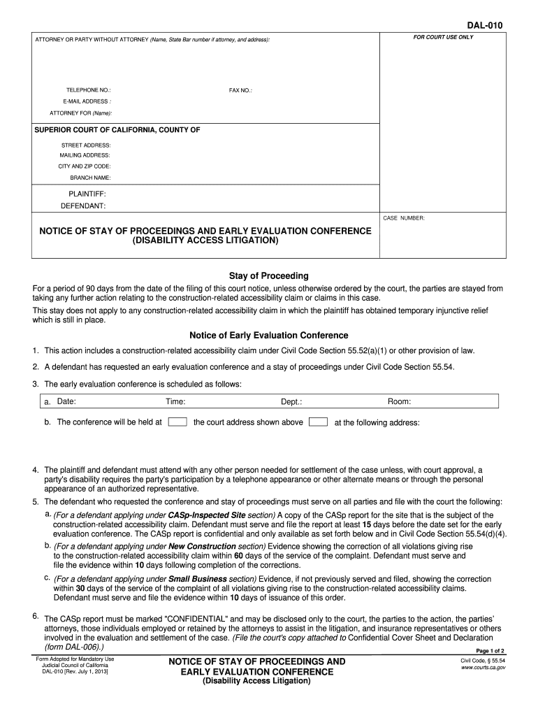  Application for Stay and Early Evaluation Conference Form 2013