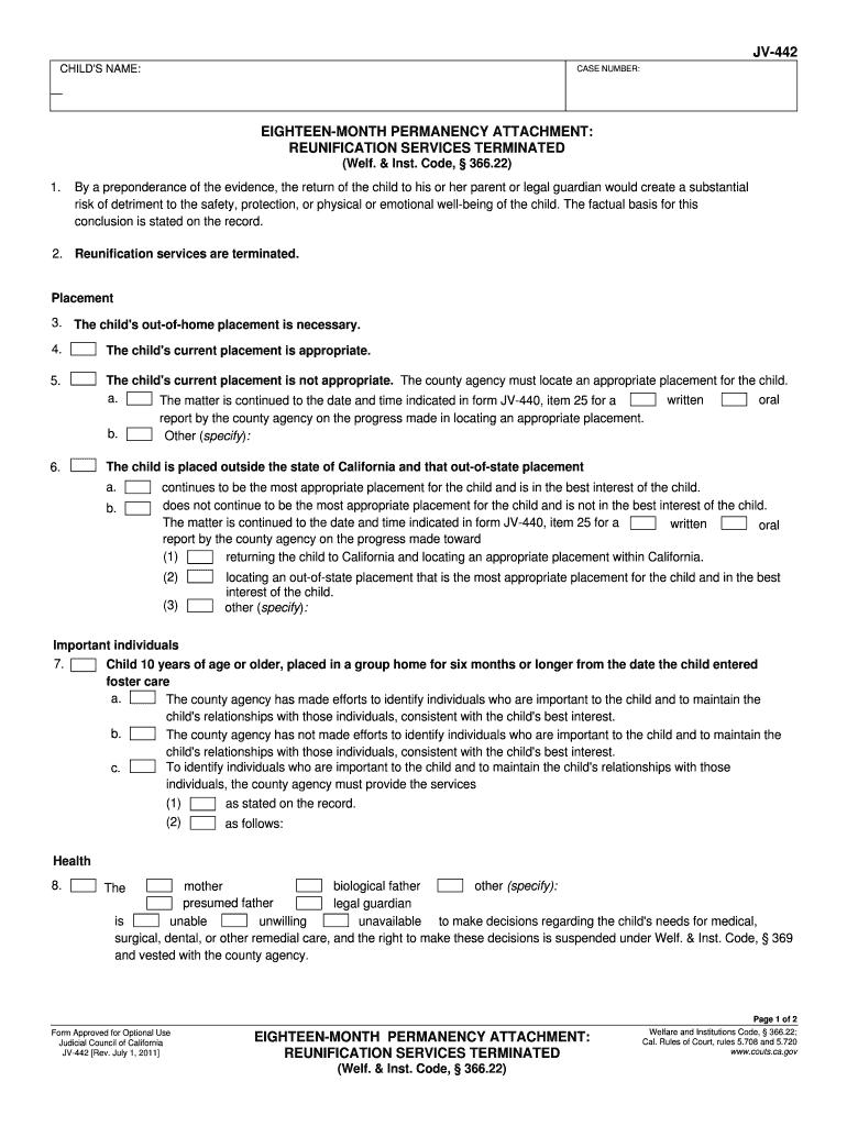  JV 442 Eighteen Month Permanency Attachment Reunification Services Terminated Welf & Inst Code, 366 22 Judicial Counci 2011