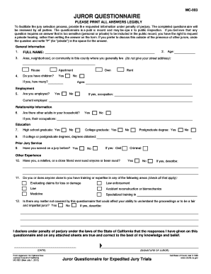  MC 003 Juror Questionnaire for Expedited Jury Trials Judicial Council Forms  Courts Ca 2012