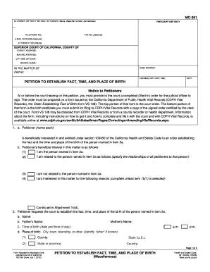  MC 361 Petition to Establish Fact, Time, and Place of Birth Courts Ca 2012