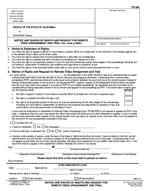  TR 505 Notice and Waiver of Rights and Request for Remote Video Arraignment and Trial Judicial Council Forms Courts Ca 2013