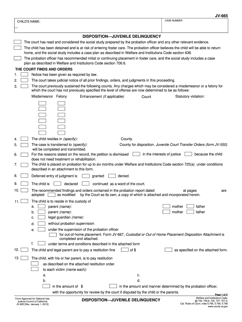  JV 665 Disposition Juvenile Delinquency Judicial Council Forms Courts Ca 2012