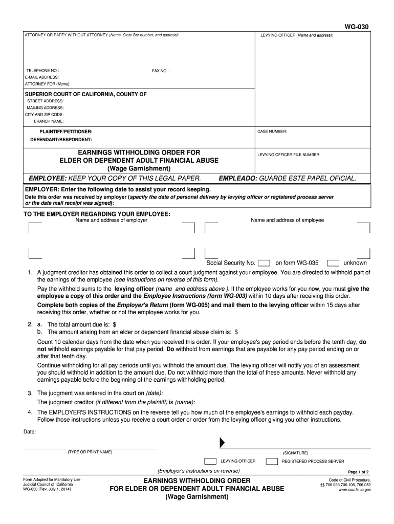  WG 030 Earnings Withholding Order for Elder and Dependent Adult Abuse Judicial Council Forms Courts Ca 2014