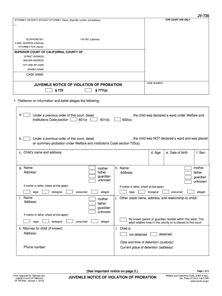  JV 735 Juvenile Notice of Violation of Probation Judicial Council Forms  Courts Ca 2012