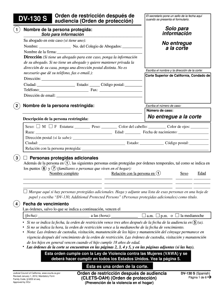  DV 130 Restraining Order After Hearing CLETS OAH Order of Protection Spanish Judicial Council Forms Courts Ca 2012