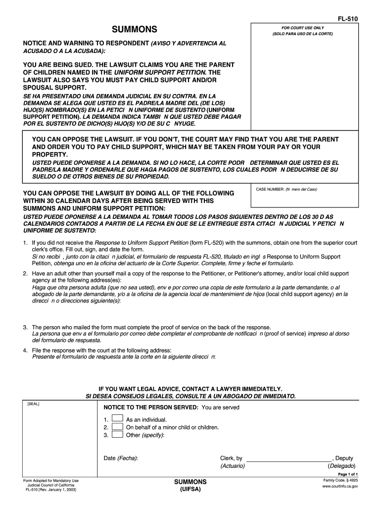  FL 510 SUMMONS UIFSA Judicial Council Forms  Courts Ca 2003