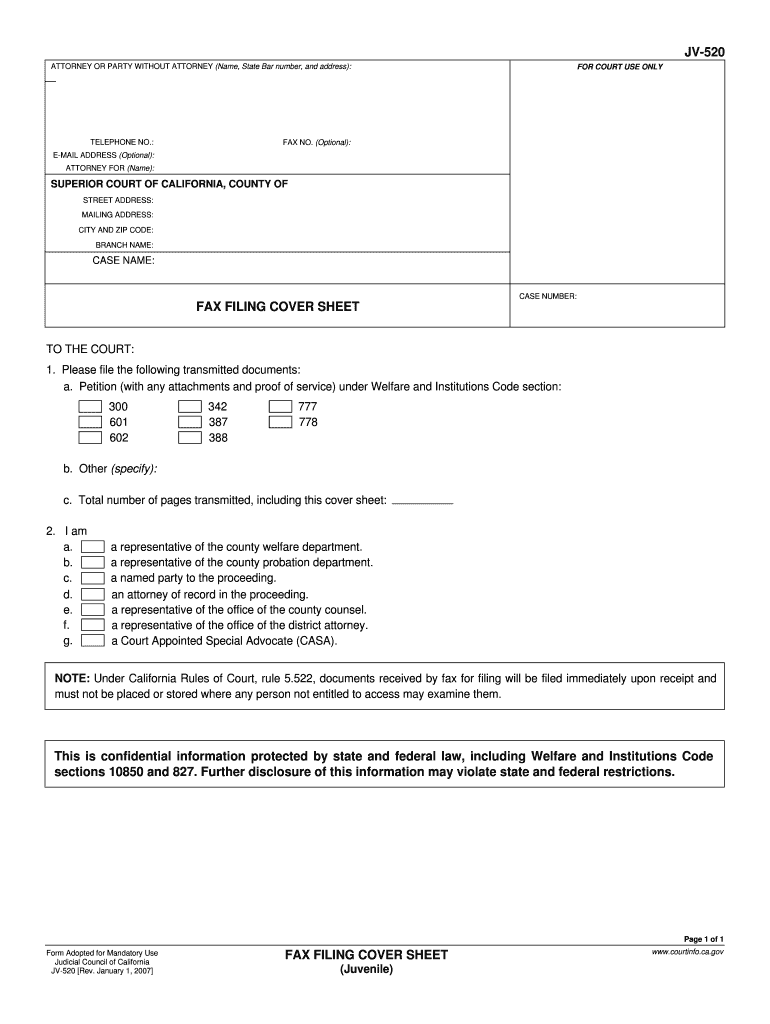 Fax Cover Sheet Juvenile Create  Form