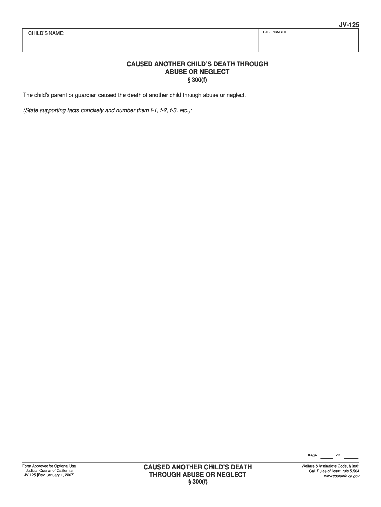 JV 125 Caused Another Child's Death through Abuse or Neglect Judicial Council Forms Courts Ca