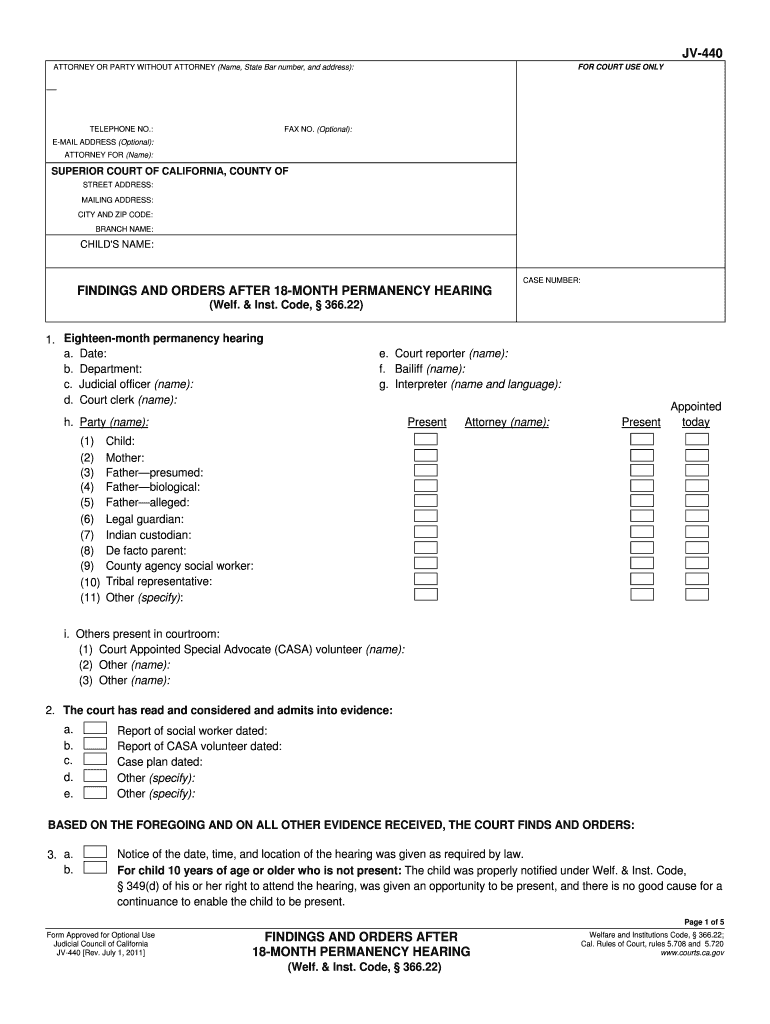  JV 440 Findings and Orders After Eighteen Month Permanency Hearing Welf & Inst Code, 366 22 Judicial Council Forms  Co 2011