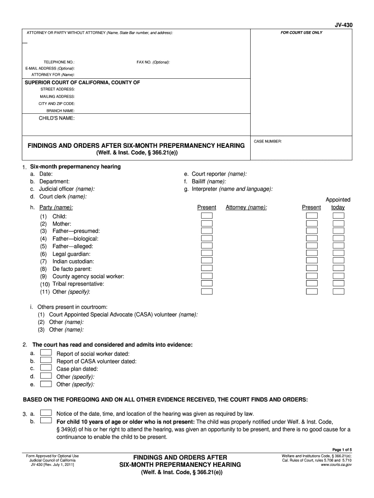  JV 430 Findings and Orders After Six Month Prepermanency Hearing Welf & Inst Code, 366 21e Judicial Council Forms  C 2011