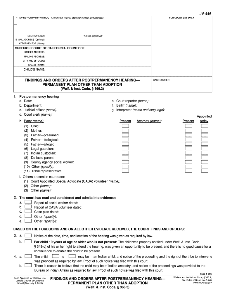  JV 446 Findings and Orders After Postpermanency Hearing Permanent Plan Other Than Adoption Welf & Inst Code, 366 3 Judi 2011