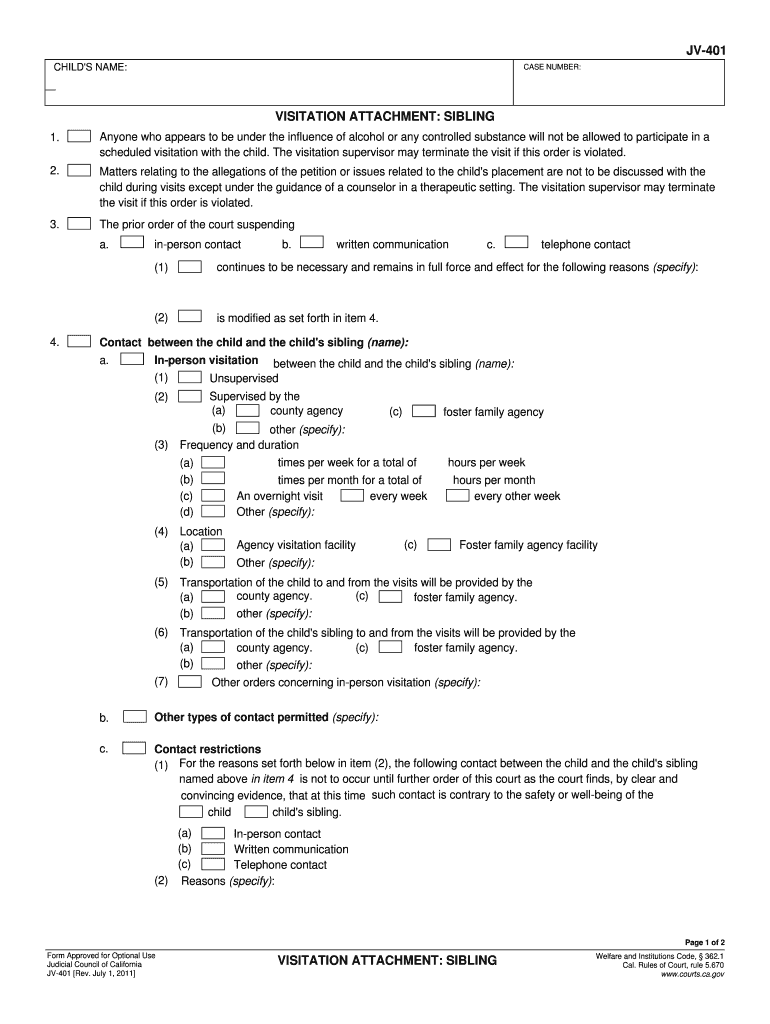  JV 401 Visitation Attachment Sibling Judicial Council Forms Courts Ca 2011