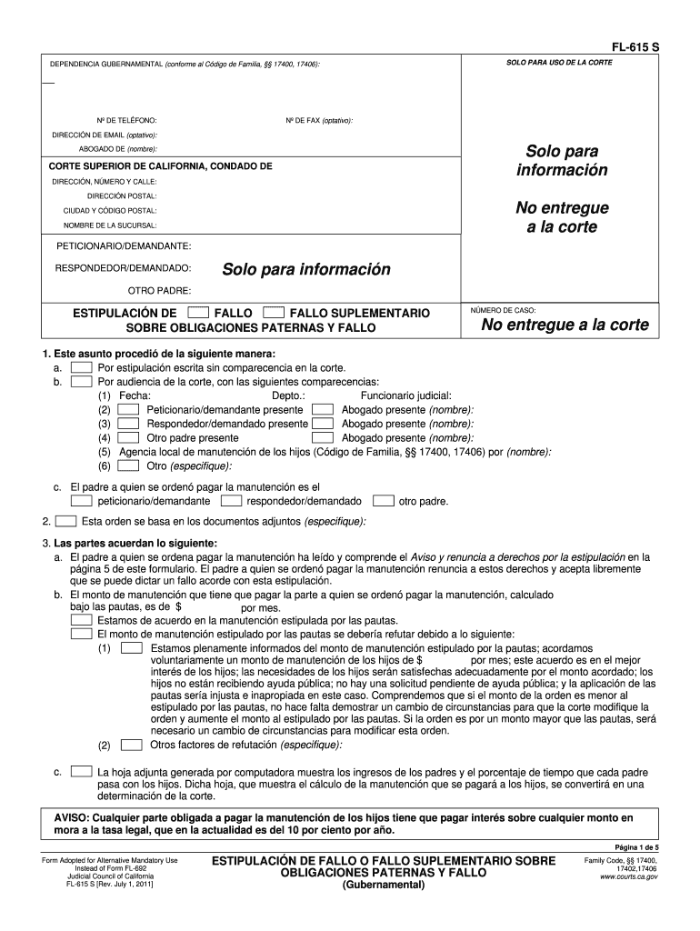  FL 615s Stipulation for Judgment or Supplemental Judgment Regarding Parental Obligations and Judgment Governmental Spanish 2011