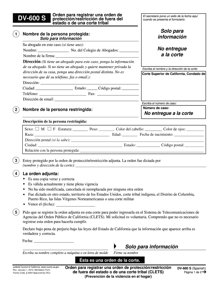  DV 600 Order to Register Out of State or Tribal Court ProtectiveRestraining Order Spanish Judicial Council Forms Courts Ca 2012