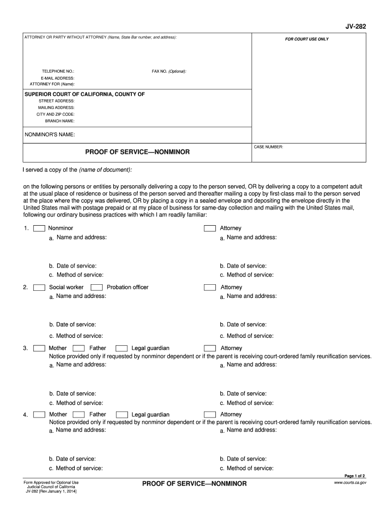 JV 282 Proof of Service Nonminor Judicial Council Forms Courts Ca