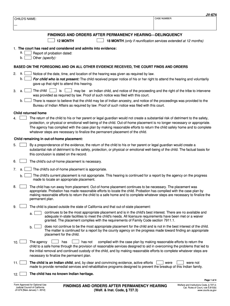  JV 674 Findings and Orders After Permanency Hearing Delinquency Judicial Council Forms  Courts Ca 2012