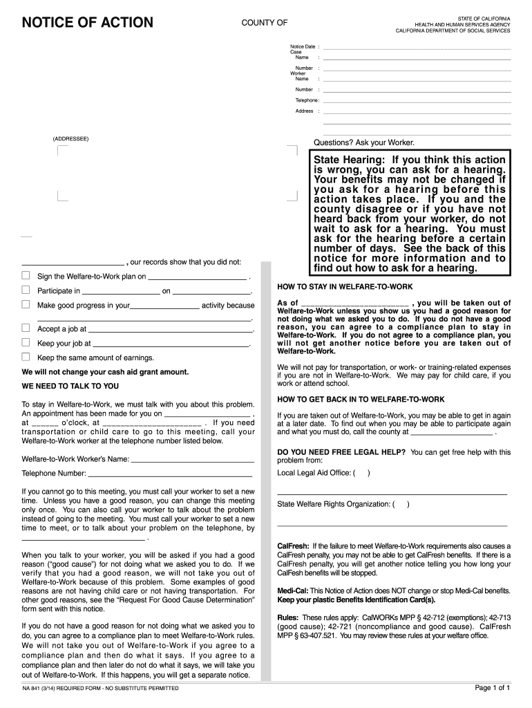 NA 841 1006 Notice of Action California Department of Social Cdss Ca  Form