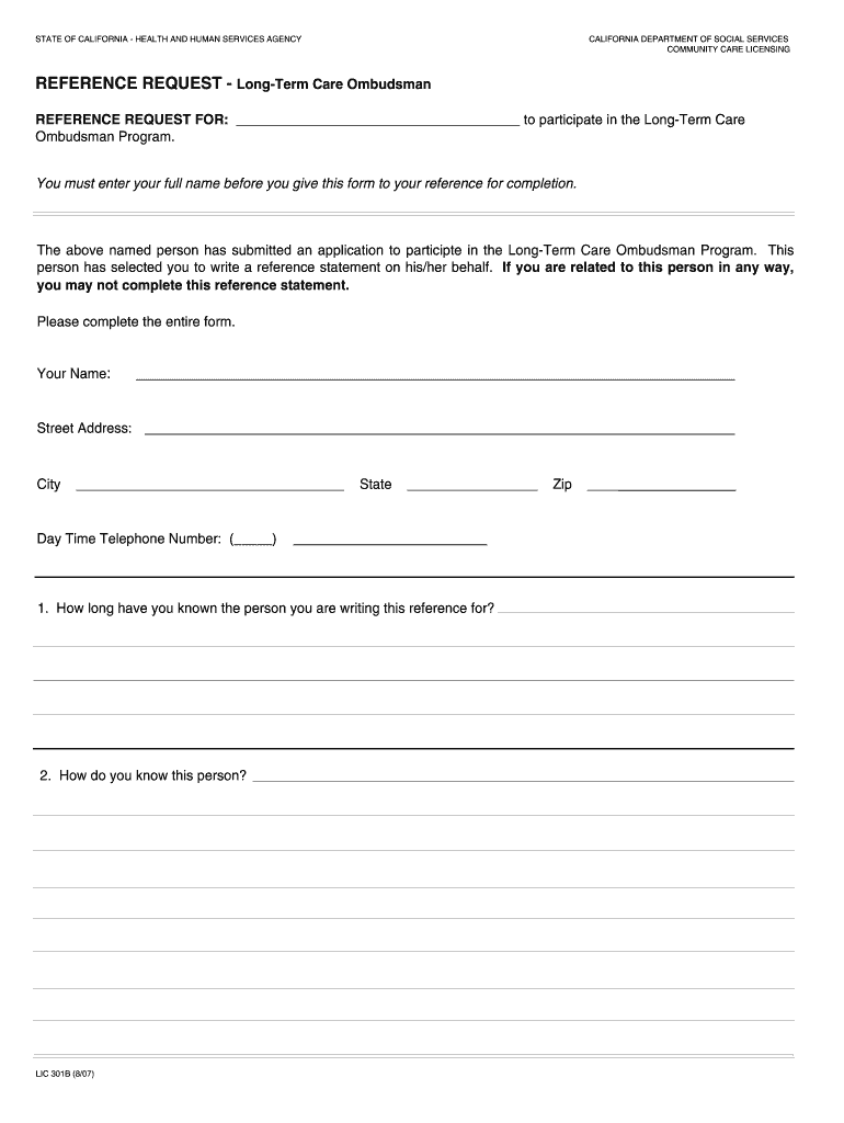  LIC 301B 807  Reference Request  California Department of    Cdss Ca 2007-2024