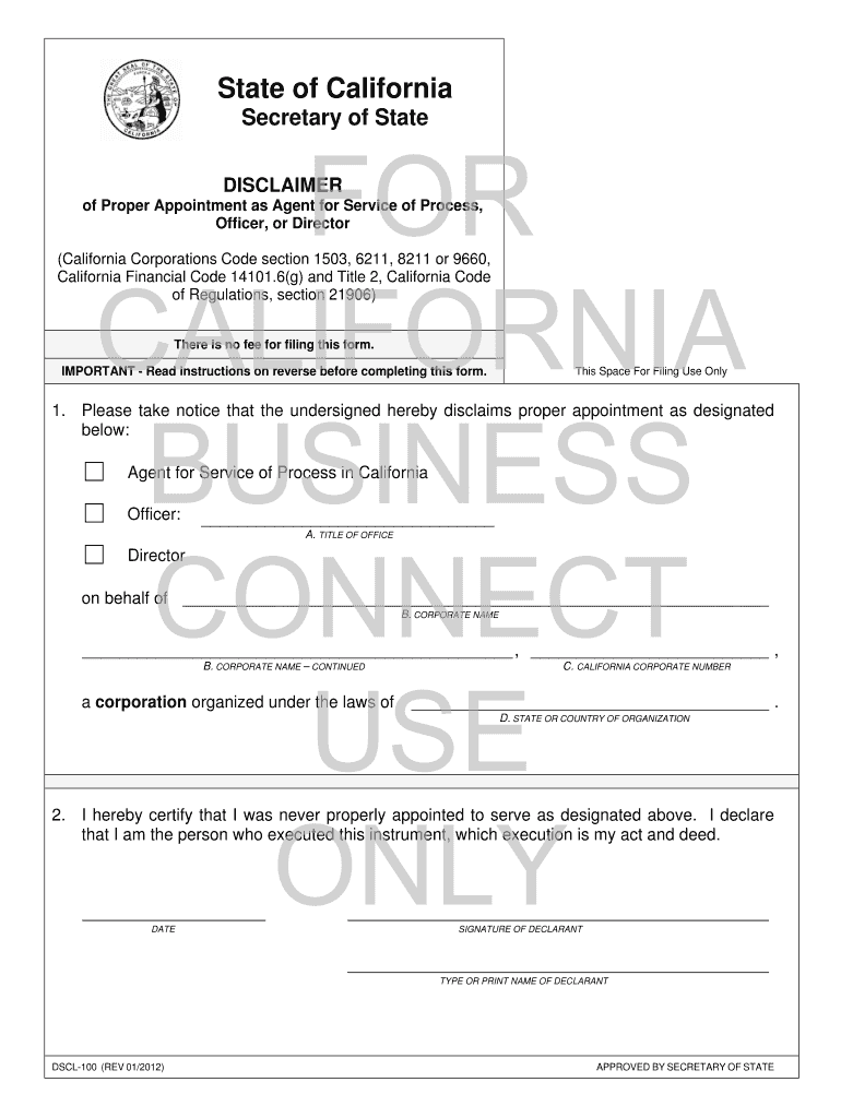 Form DSCL 100  California Secretary of State  State of California  Sos Ca