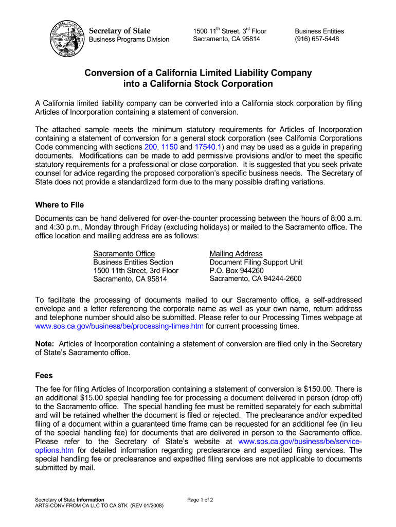  Conversion of a California Llc into a California Stock Corporation Fillable Form 2008-2024