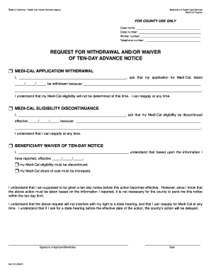 Request for Withdrawal Waiver of Ten Day Advance Notice Form