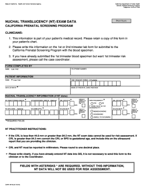 Nuchal Translucency Exam Data Form PDF, New Window Cdph Ca