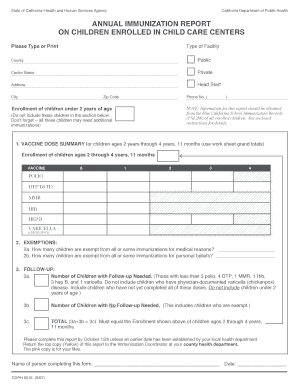 Annual Immunization Report on Children Enrolled in Child Care Centers Cdph Ca  Form