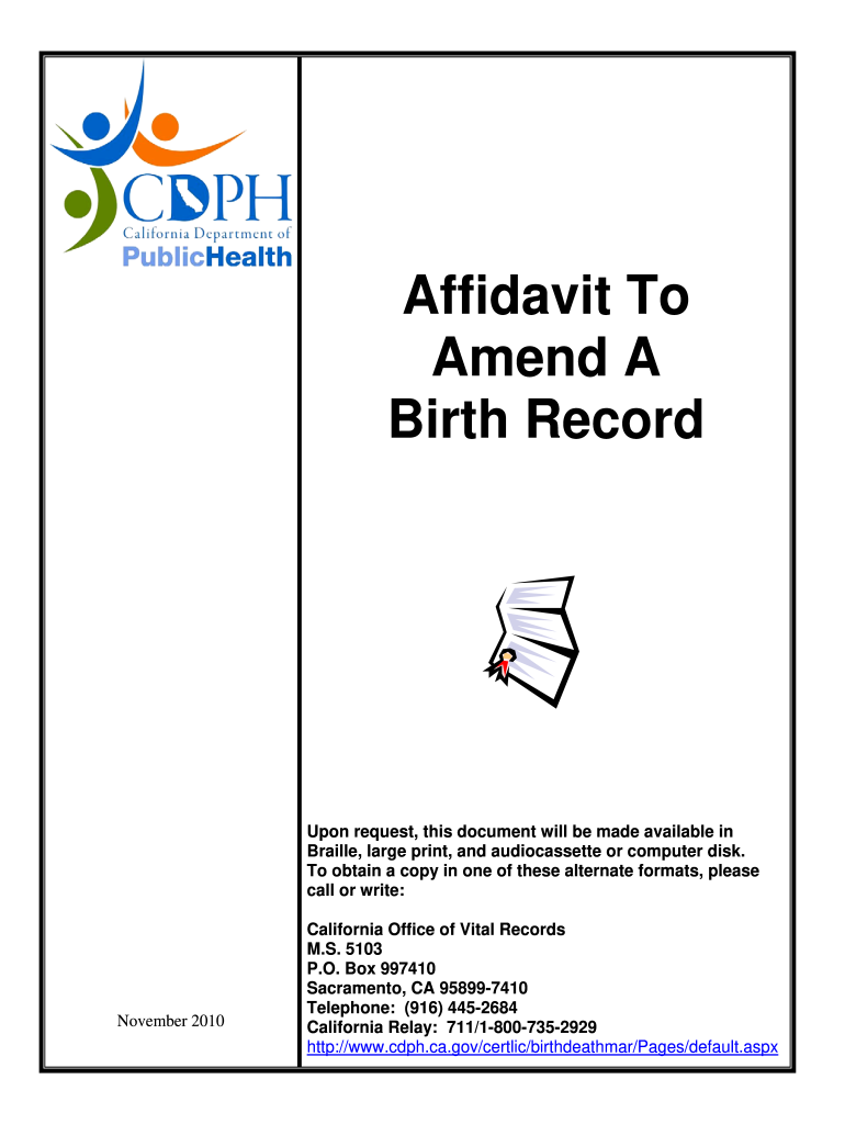 Affidavit to Amend a Birth Record  California Department of Public    Cdph Ca  Form