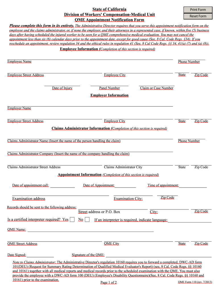  Injured Workers Notification of Qme Appointment Form 2013