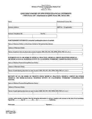 QME Form 124 QME Disclosure of Specified State of California Dir Ca