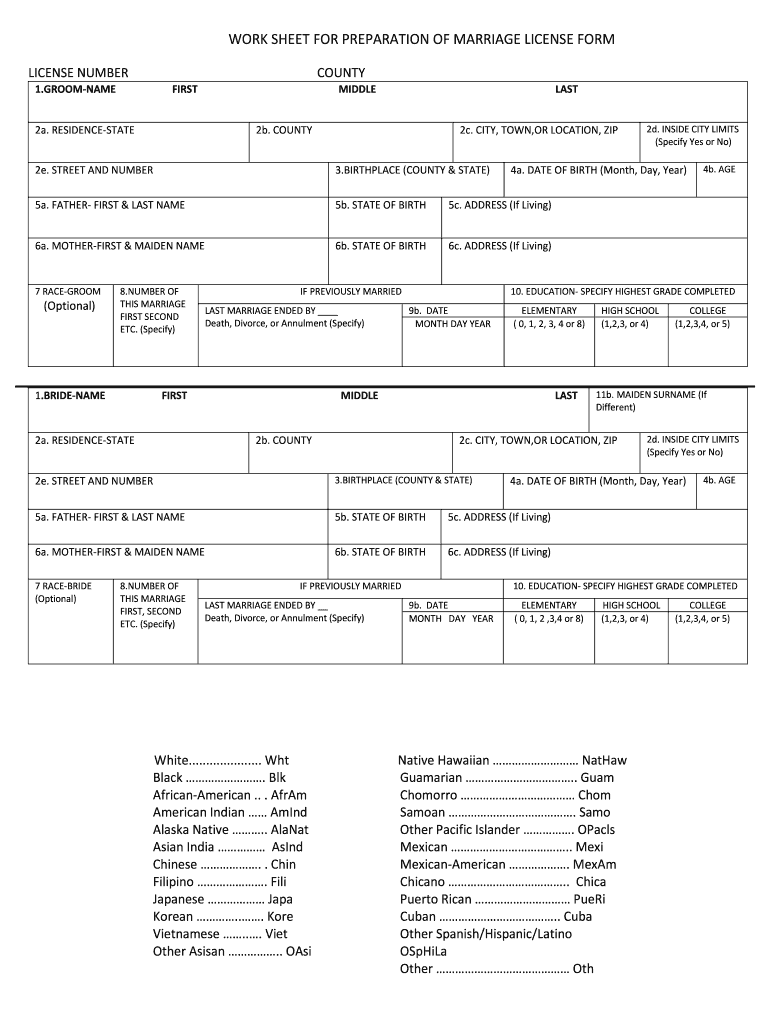 Kansas Marriage License Worksheet  Form