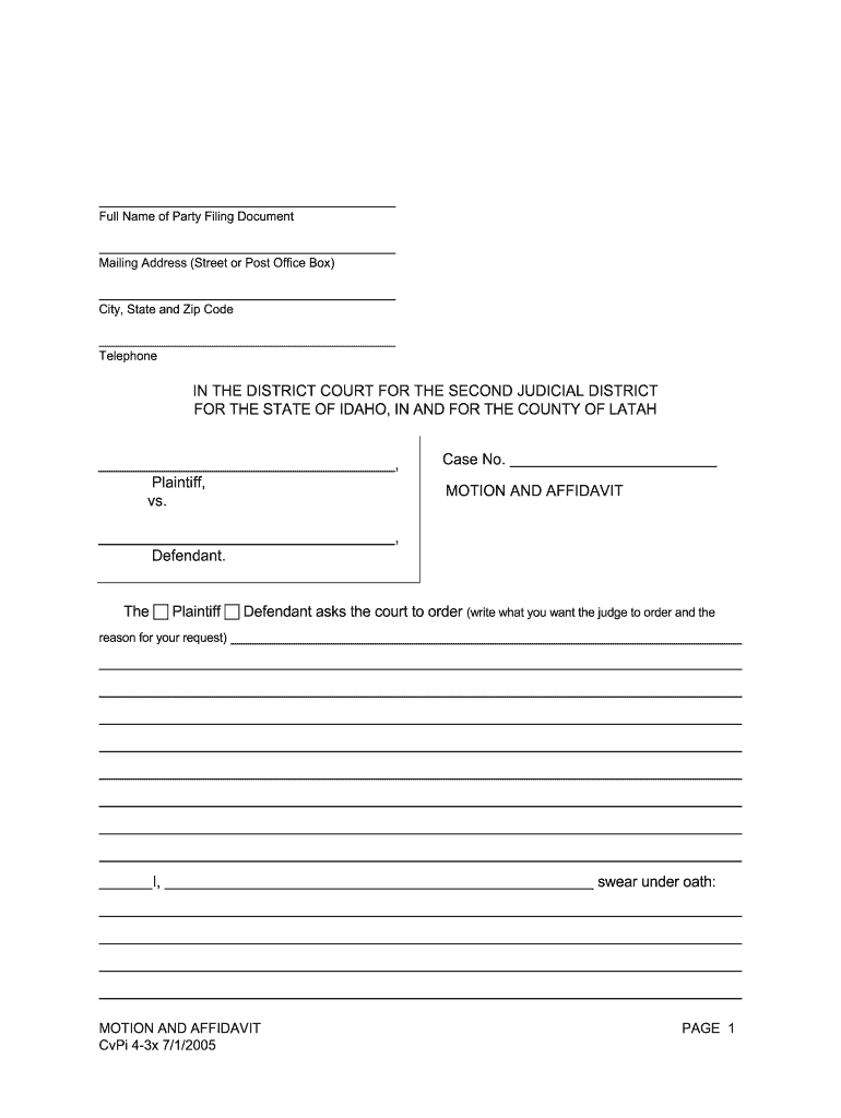 Get and Sign CvPi 4 3x Generic Motion and Affidavit  Latah County  Latah ID 2005-2022 Form