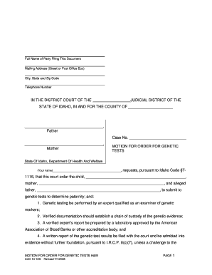  Idaho Motion for Genetic Testing Form 2005