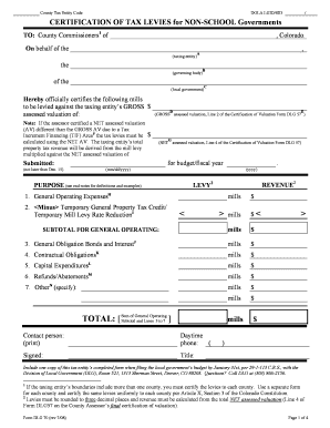 Fillable Certificate of Tax Levies for Non School Governments in Colorado  Form