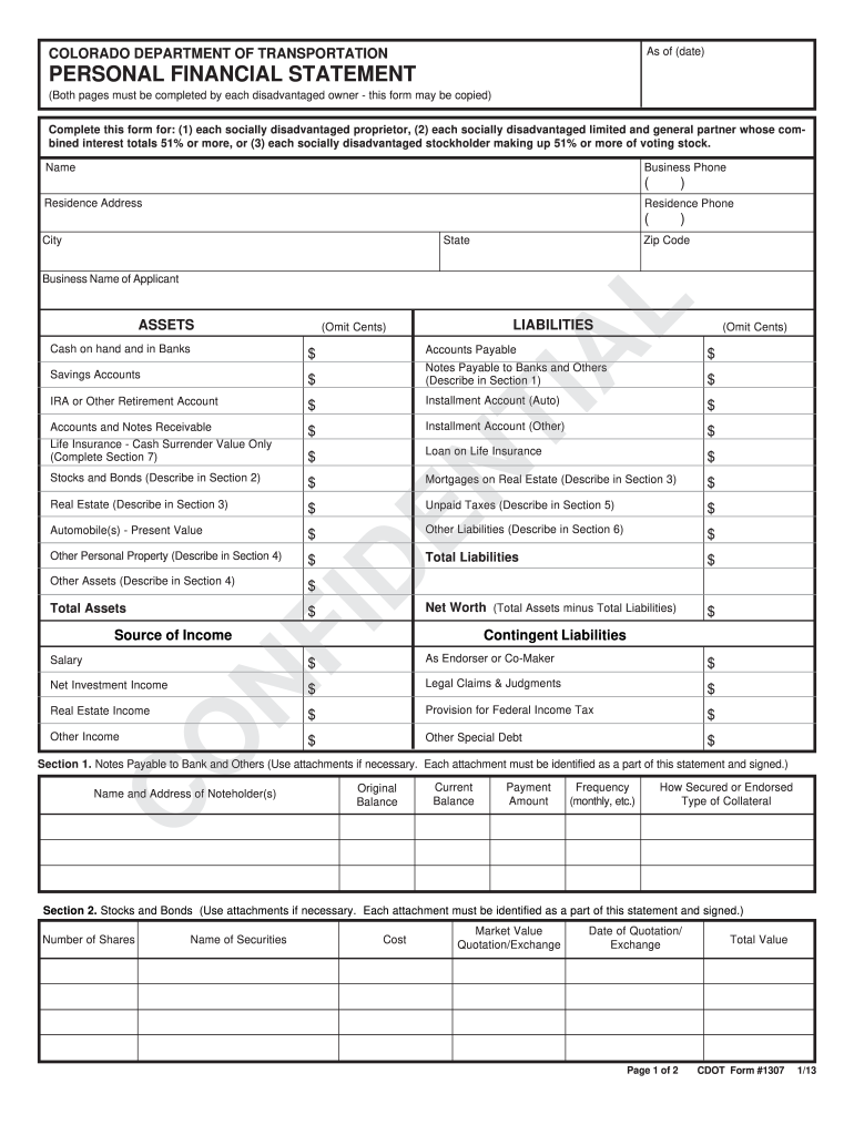 Personal Financial Statement CDOT Form 1307  Colorado    Coloradodot