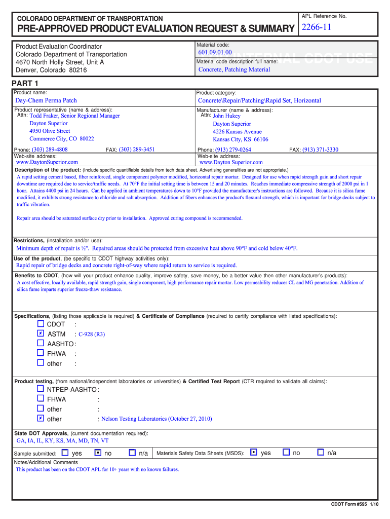  COLORADO DEPARTMENT of TRANSPORTATION PRE APPROVED PRODUCT EVALUATION REQUEST &amp Coloradodot 2010