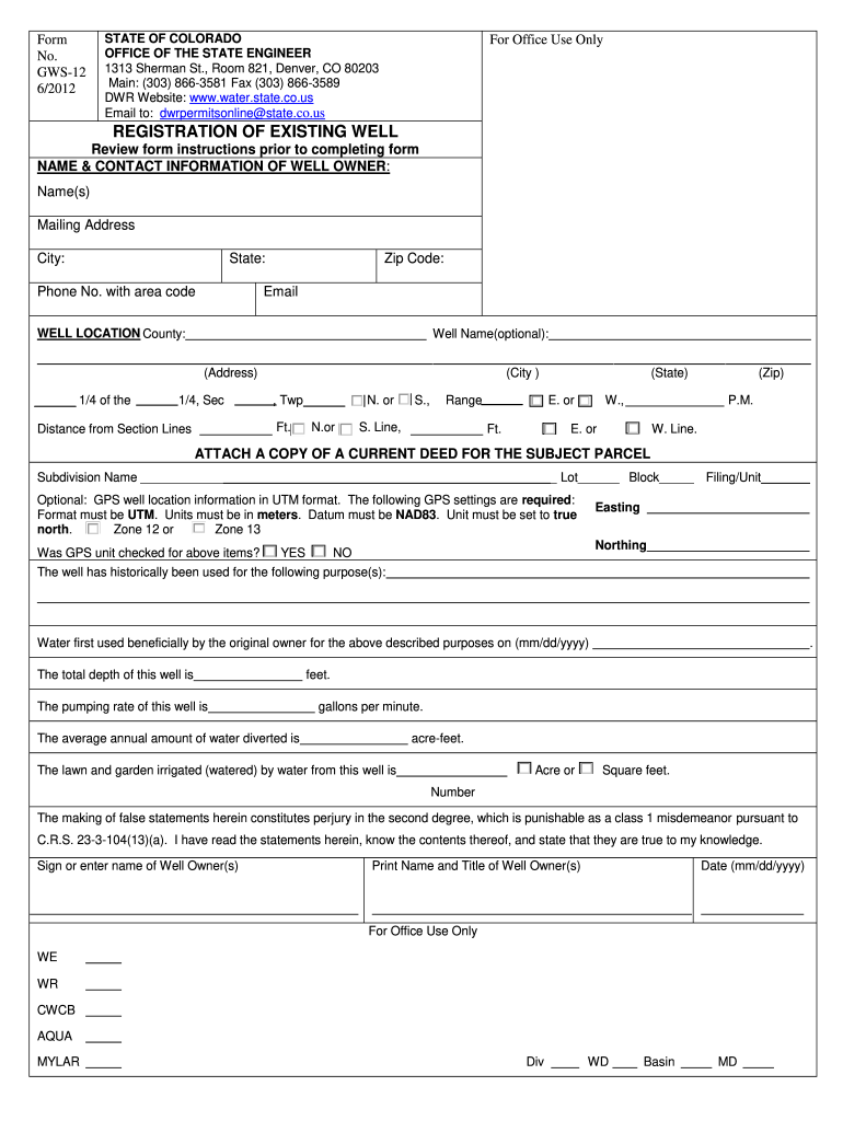  Colorado Division of Water Resources Form Gws 12 2012-2024