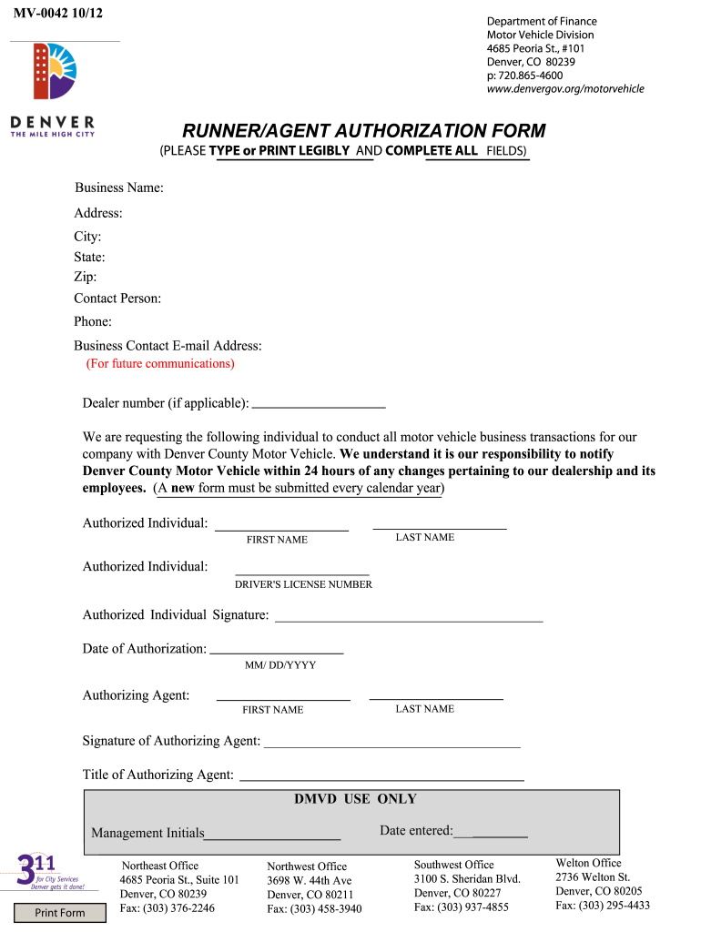  Denver Runner Agent Authorization Form 2012-2024