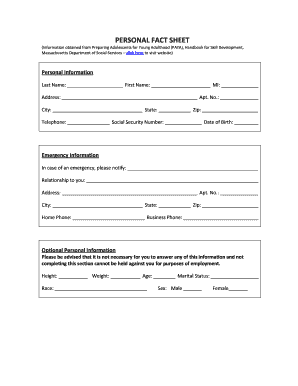 Personal Fact Sheet  Form